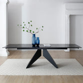 Nerium Carbon Black Reinforced Glass Italian Extending Dining Table, 1.8M Table that extends to 2.6M, has double extension and Artistic design pedesatl base in Black Powder coated Metal
